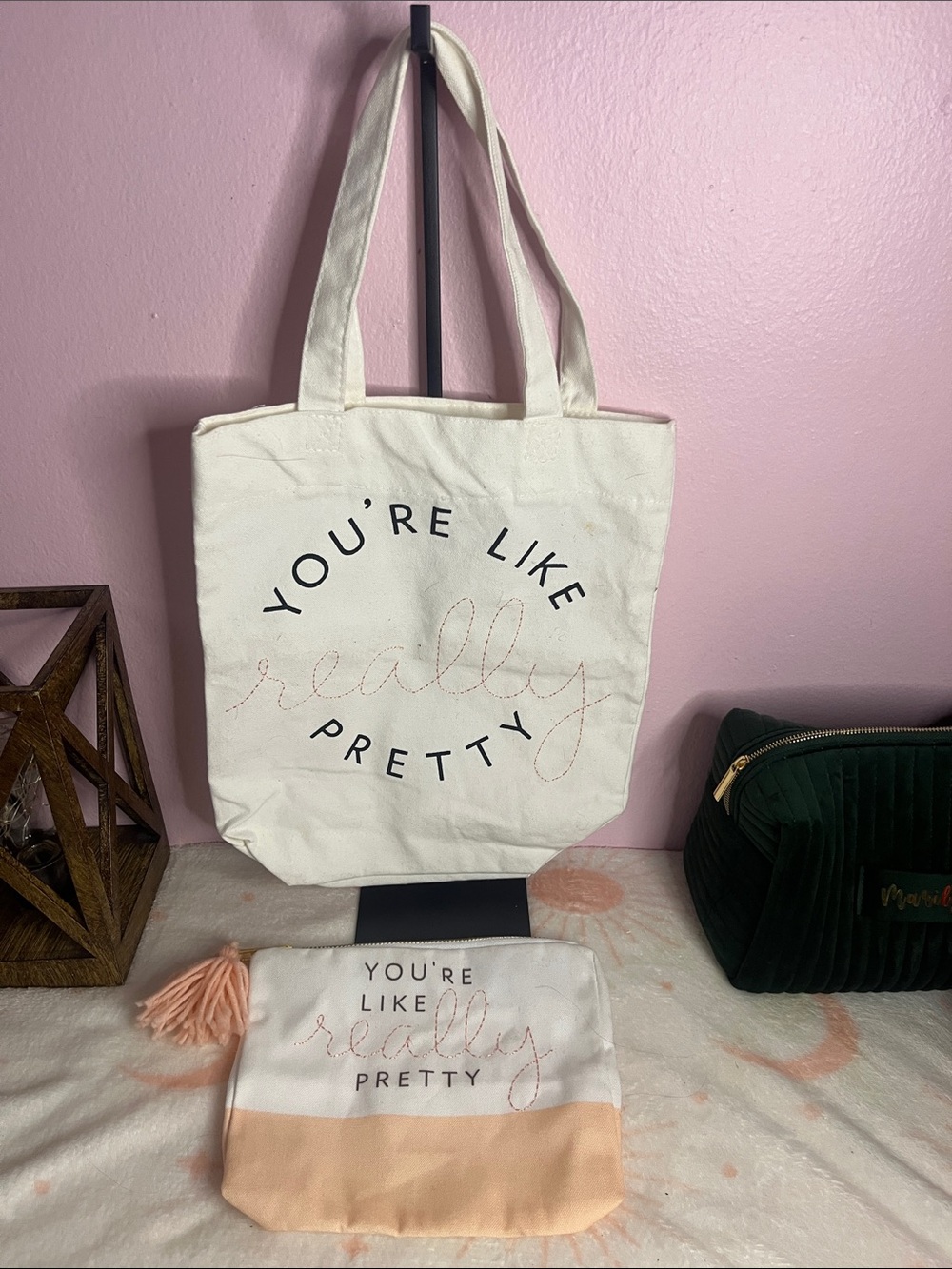 Canvas small Tote and Pouch Set - Cream with Peach Accent